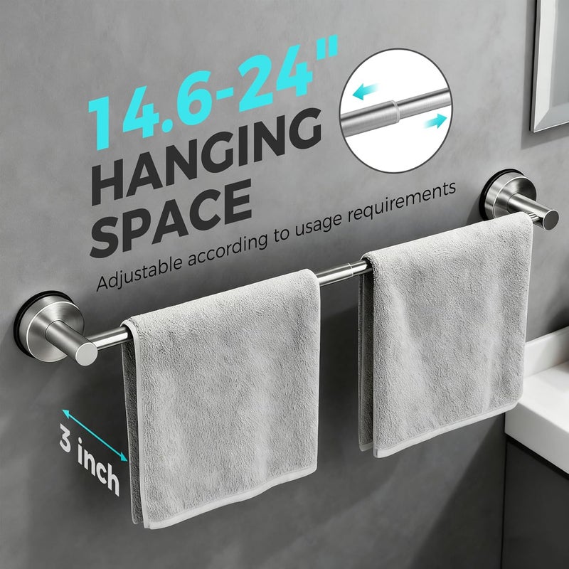 WingWider Adjustable Suction Cup Towel Bar for Bathroom Wall,14.6Inch~24 Inch Towel Racks for Bathroom,Stainless Steel Bath Towel Holder for Shower,2 Pack(Brushed Silver) - Image 2